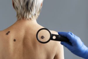 pessoa idosa de costas com uma mancha nas costas e uma mão de médico com luva azul e uma lupa
